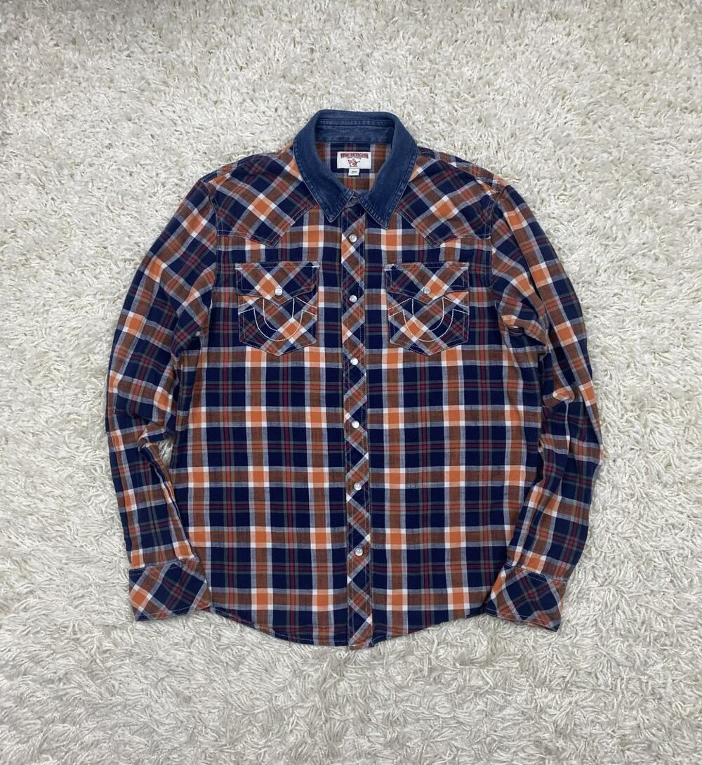 True Religion Western Pearl Snap Flannel Shirt Mens M Denim Collar Plaid